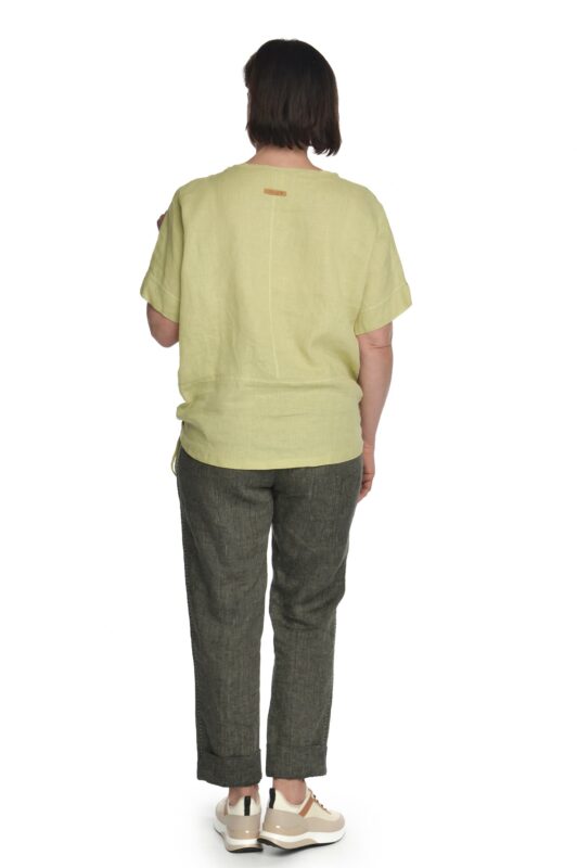 Siaurėjančios lininės moteriškos kelnės chaki spalvos - nugara