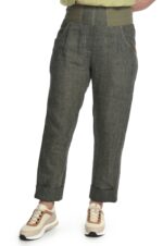 Siaurėjančios lininės moteriškos kelnės chaki spalvos su elastingu liemeniu