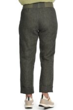 Siaurėjančios lininės moteriškos kelnės chaki spalvos su elastingu liemeniu, atlanku reguliuojamo ilgio