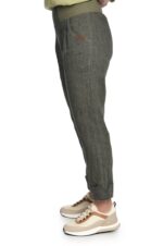 Siaurėjančios lininės moteriškos kelnės chaki spalvos su elastingu liemeniu, atlanku reguliuojamo ilgio, dekoruotos