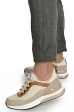 Siaurėjančios lininės moteriškos kelnės chaki spalvos, reguliuojamo ilgio atlankų pagalba