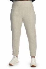 Šviesios siaurėjančios lininės moteriškos kelnės, elastingu liemeniu, su atlankais apačioje