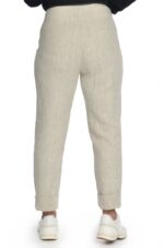 Šviesios siaurėjančios lininės moteriškos kelnės, elastingu liemeniu, su atlankais apačioje - iš nugaros