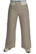 Natūralios spalvos lininės platėjančios moteriškos kelnės su elastingu juosmeniu