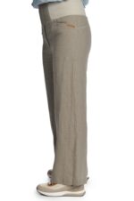 Natūralios spalvos lininės platėjančios moteriškos kelnės su elastingu juosmeniu - iš šono