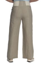 Natūralios spalvos lininės platėjančios moteriškos kelnės su elastingu juosmeniu - iš nugaros