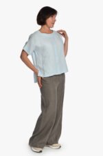 Chaki spalvos lininės platėjančios moteriškos kelnės