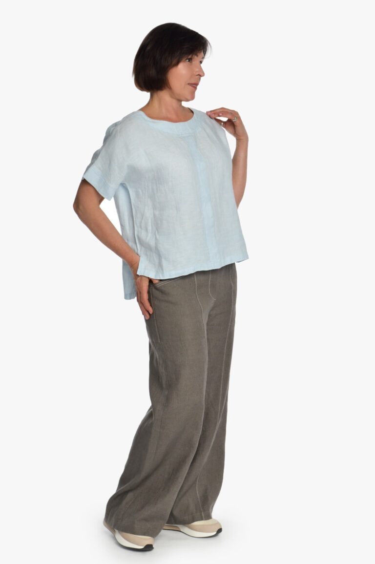 Chaki spalvos lininės platėjančios moteriškos kelnės