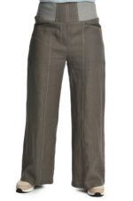 Chaki spalvos lininės platėjančios moteriškos kelnės su elastingu juosmeniu