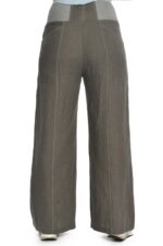 Chaki spalvos lininės platėjančios moteriškos kelnės su elastingu juosmeniu su kišenėmis nugaroje