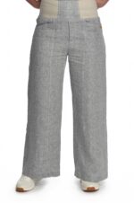 Pilkos į apačią platėjančios moteriškos lininės kelnės - elastingas juosmuo