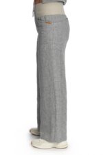 Pilkos į apačią platėjančios moteriškos lininės kelnės - elastingas juosmuo - kišenės