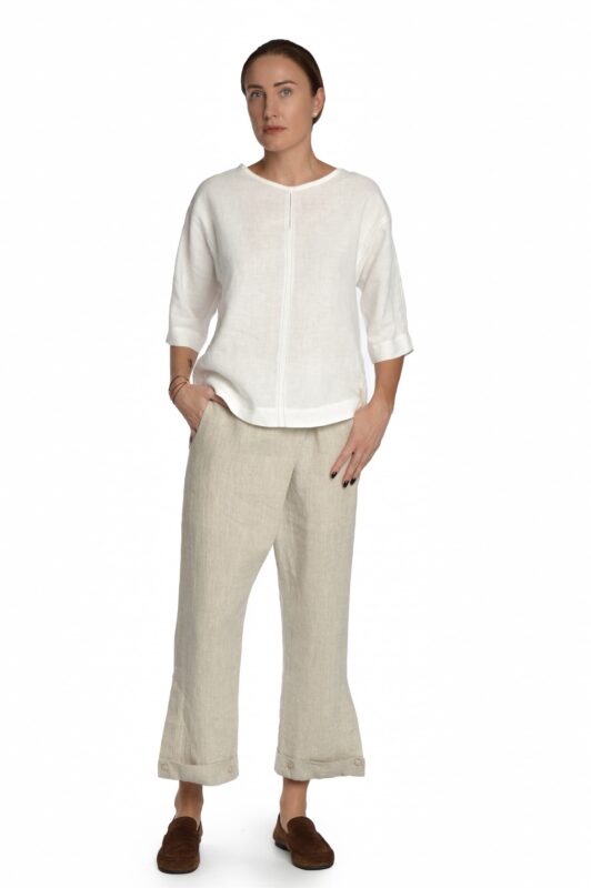 Šviesios lininės kelnės su kloste ties liemeniu