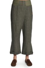 Chaki spalvos moteriškos lininės kelnės elastingu juosmeniu