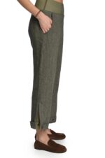 Chaki spalvos moteriškos lininės kelnės elastingu juosmeniu ir skeltukais apačioje