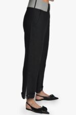 reguliuojamo ilgio juodos moteriškos lininės kelnės, su elastingu juosmeniu ir skeltukais apačioje