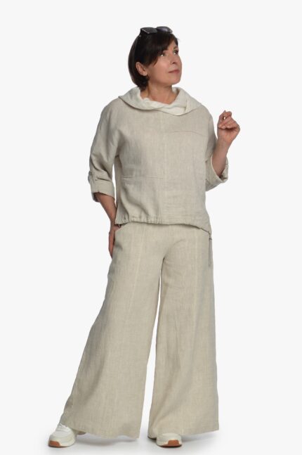 Šviesios lininės sijonkelnės - derinys su lininiu bliuzonu