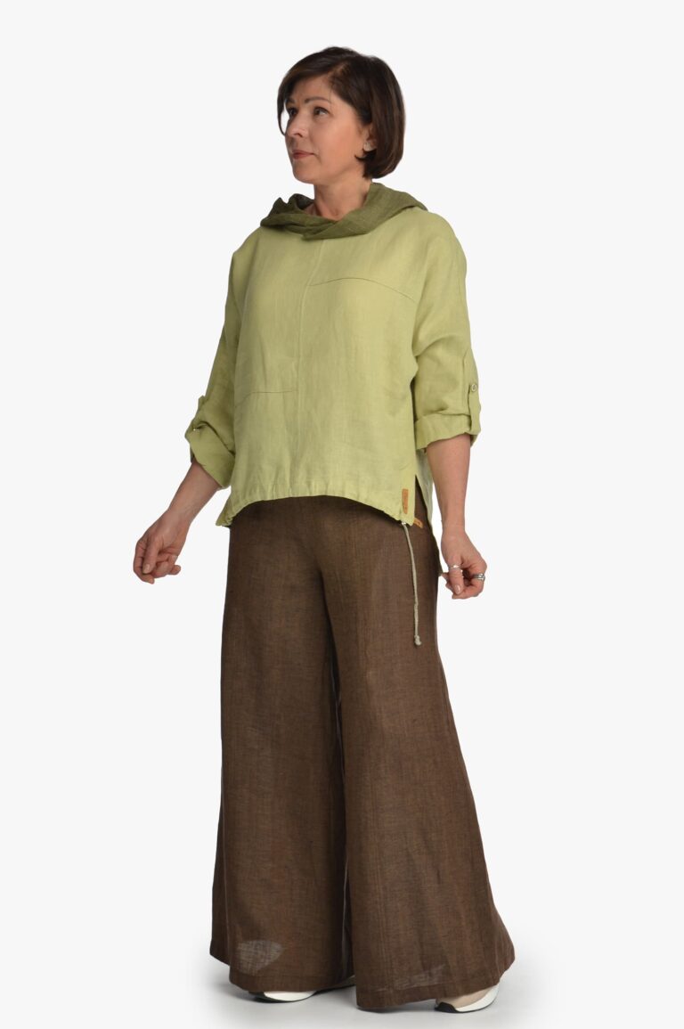 Tamsiai rudos lininės sijonkelnės - derinys su lininiu bliuzonu