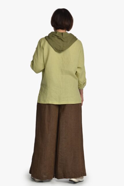 Tamsiai rudos lininės sijonkelnės - derinys su lininiu bliuzonu iš nugaros