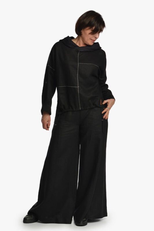 Juodos sijonkelnės iš lino - derinys su lininiu bliuzonu