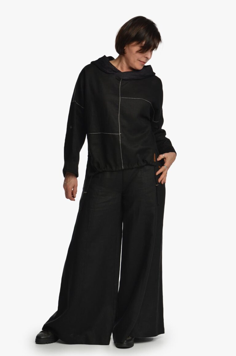 Juodos sijonkelnės iš lino - derinys su lininiu bliuzonu