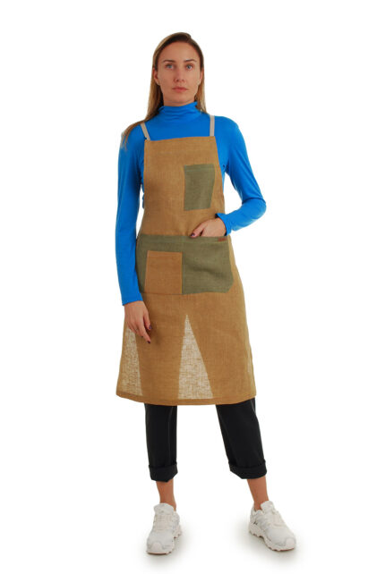 stilinga lininė prijuostė, Z10, su kišenėmis ir ilgu liemens dirželiu