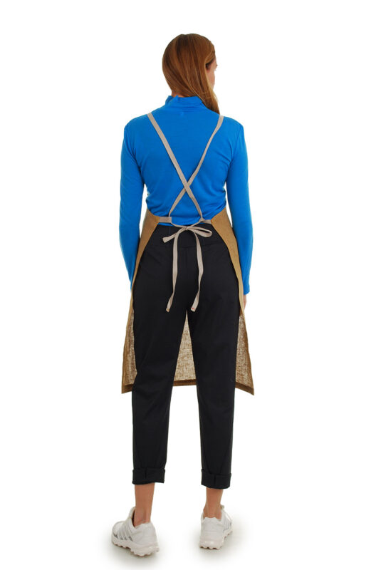 stilinga lininė prijuostė, Z10, su kišenėmis ir ilgu liemens dirželiu - nugara