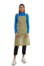 žalsva stilinga ilga lininė prijuostė, Z11, su kišenėmis ir ilgu liemens dirželiu