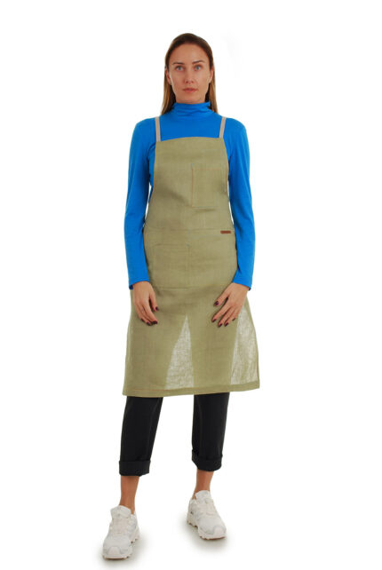 žalsva stilinga ilga lininė prijuostė, Z11, su kišenėmis ir ilgu liemens dirželiu