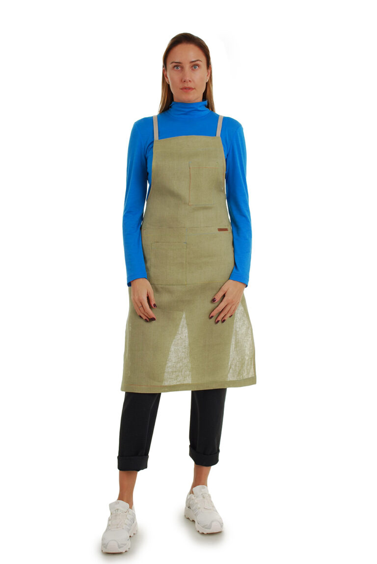 žalsva stilinga ilga lininė prijuostė, Z11, su kišenėmis ir ilgu liemens dirželiu