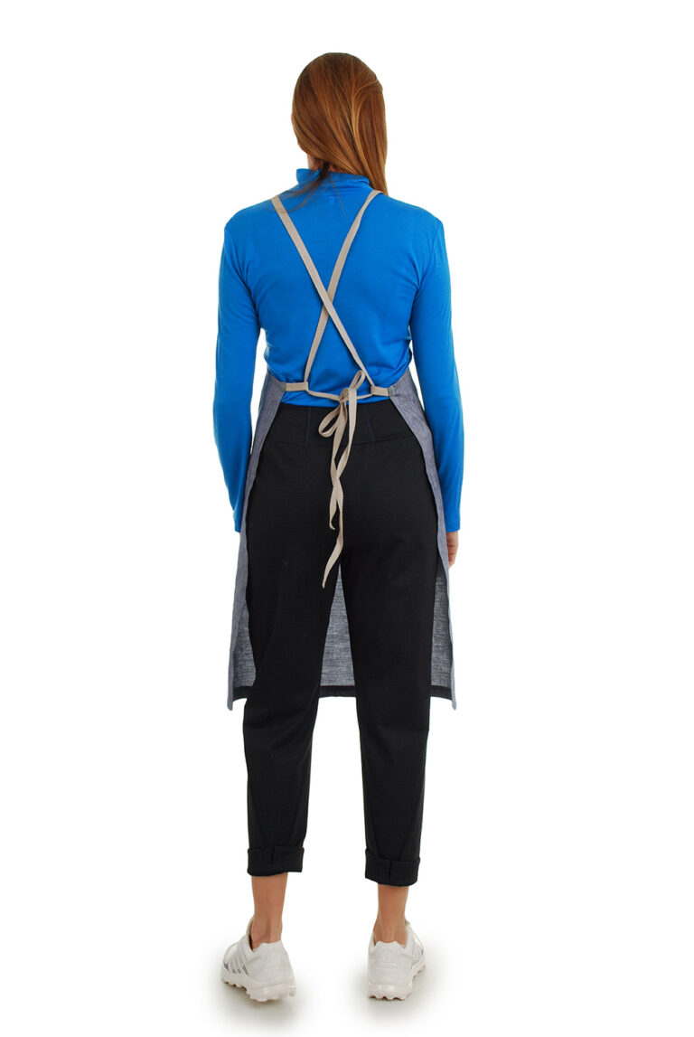 stilinga lininė prijuostė, Z12, su kišenėmis ir ilgu liemens dirželiu - nugara