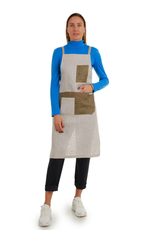 šviesi lininė prijuostė, Z14, su kišenėmis ir ilgu liemens dirželiu