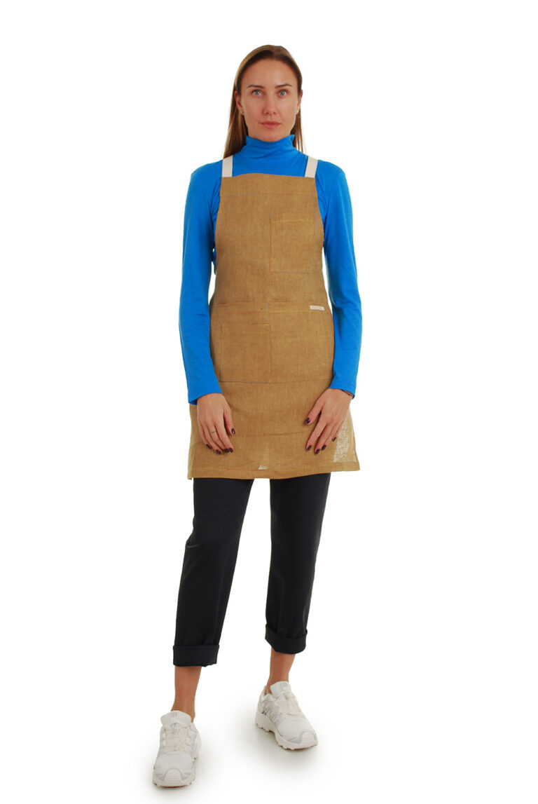 lininė prijuostė, Z15, su kišenėmis ir ilgu liemens dirželiu