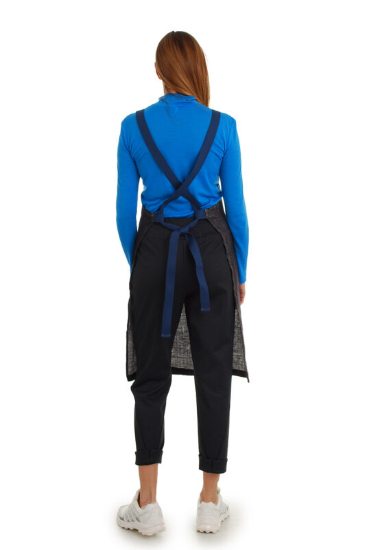 tamsi lininė prijuostė, Z16, su kišenėmis ir ilgu liemens dirželiu - nugara