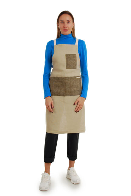 lininė prijuostė, Z18, su kišenėmis ir ilgu liemens dirželiu