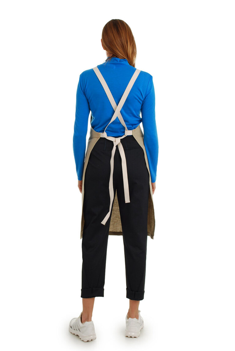 lininė prijuostė, Z18, su kišenėmis ir ilgu liemens dirželiu - nugara