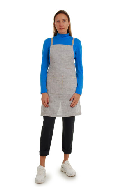 šviesi lininė prijuostė, Z21, su kišenėmis ir ilgu liemens dirželiu