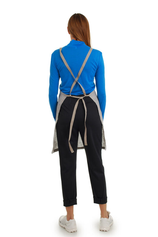 šviesi lininė prijuostė, Z21, su kišenėmis ir ilgu liemens dirželiu - nugara