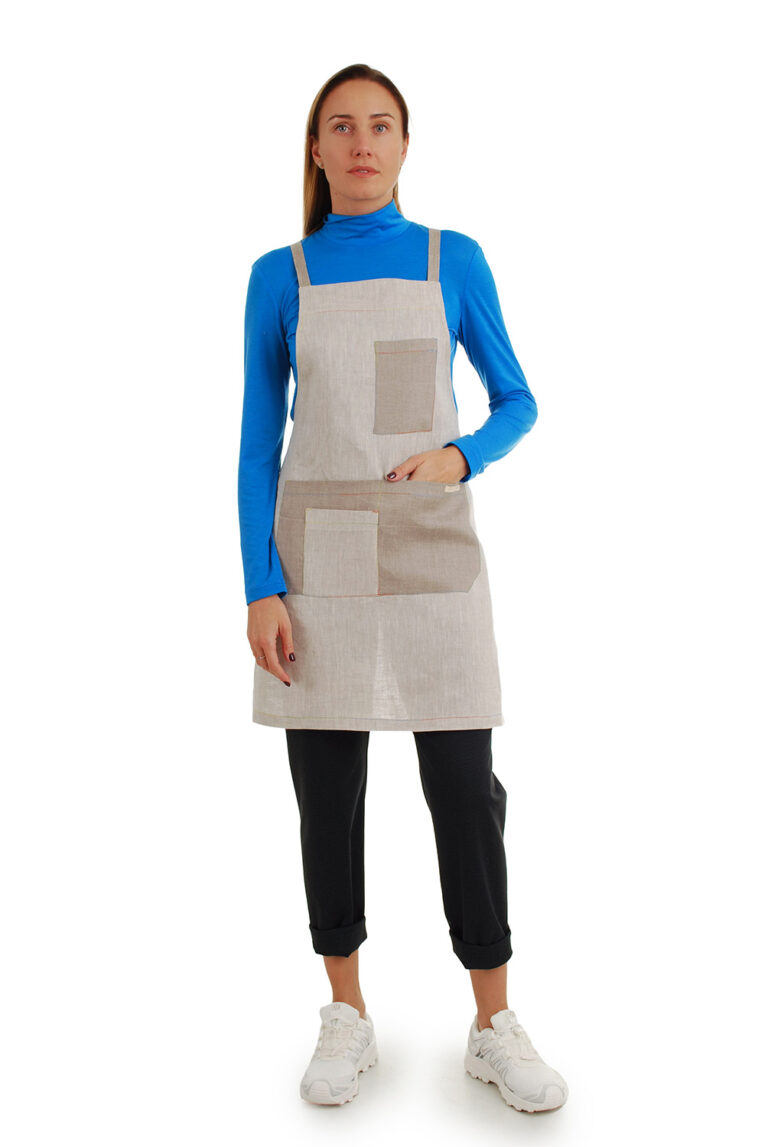 šviesi lininė prijuostė, Z22, su kišenėmis ir ilgu liemens dirželiu