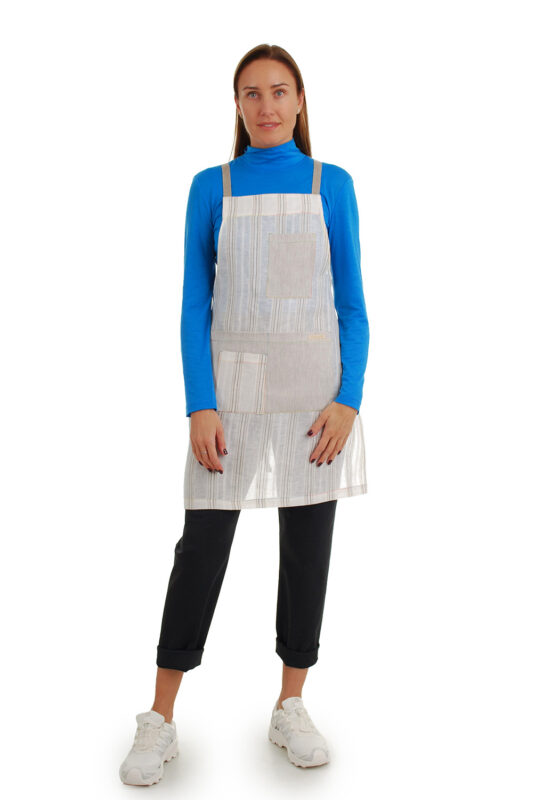 šviesi lininė prijuostė, Z23, su kišenėmis ir ilgu liemens dirželiu