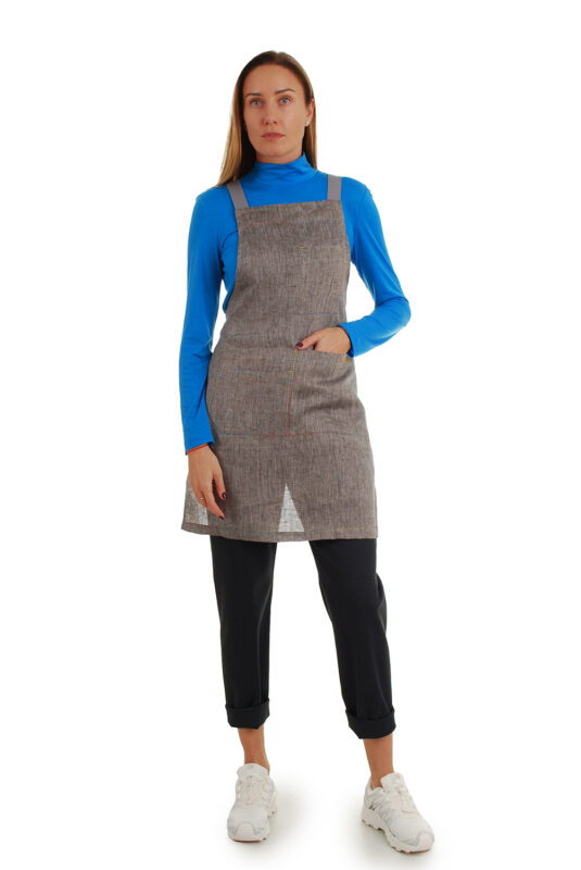 lininė prijuostė, Z24, su kišenėmis ir ilgu liemens dirželiu