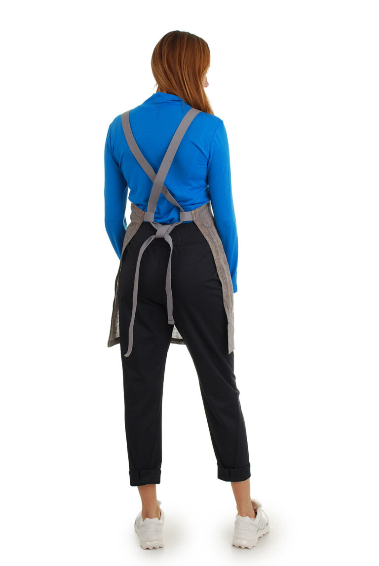 lininė prijuostė, Z24, su kišenėmis ir ilgu liemens dirželiu - nugara