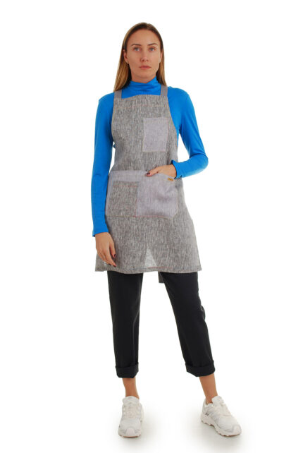 stilinga prijuostė iš lino, Z25, su kišenėmis ir ilgu liemens dirželiu