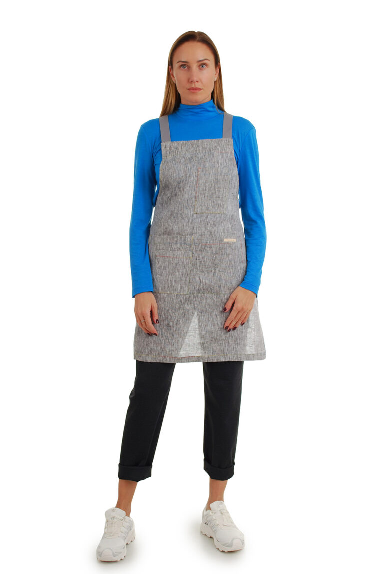 stilinga prijuostė iš lino, Z26, su kišenėmis ir ilgu liemens dirželiu