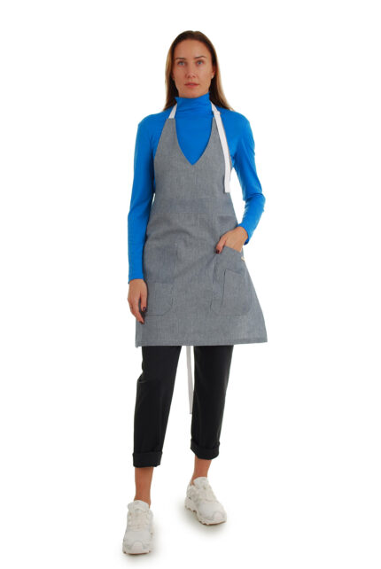 stilinga lininė prijuostė, Z5, su kišenėmis ir ilgu liemens dirželiu