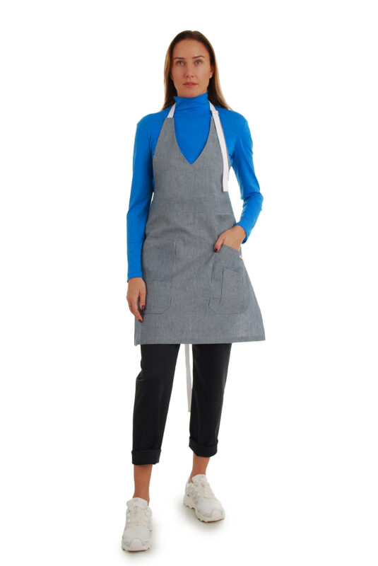 stilinga lininė prijuostė, Z5, su kišenėmis ir ilgu liemens dirželiu