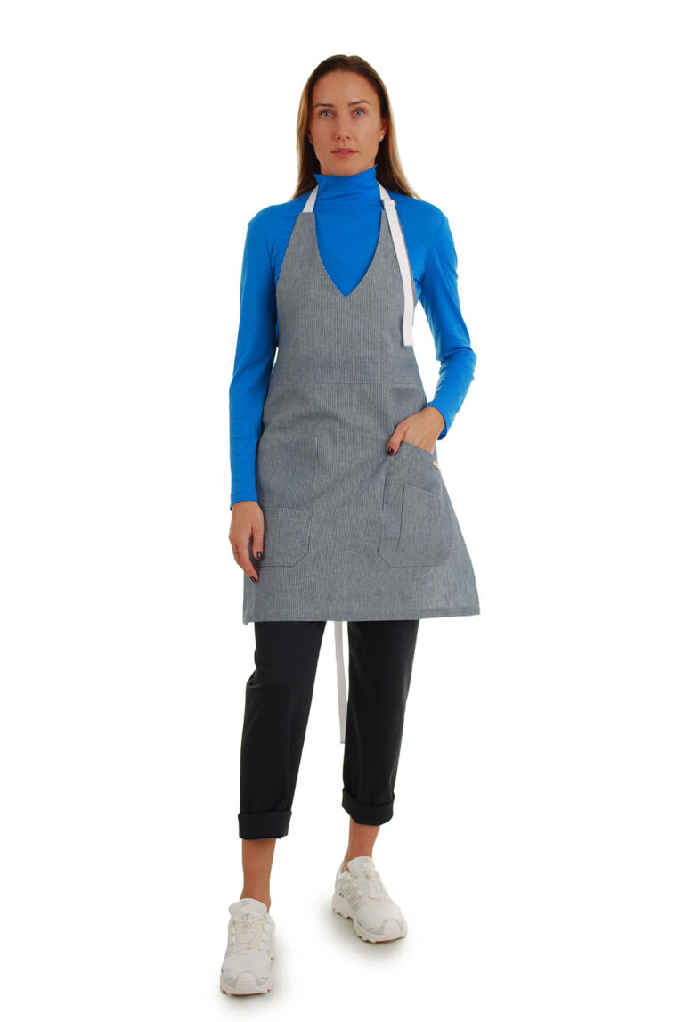 stilinga lininė prijuostė, Z5, su kišenėmis ir ilgu liemens dirželiu