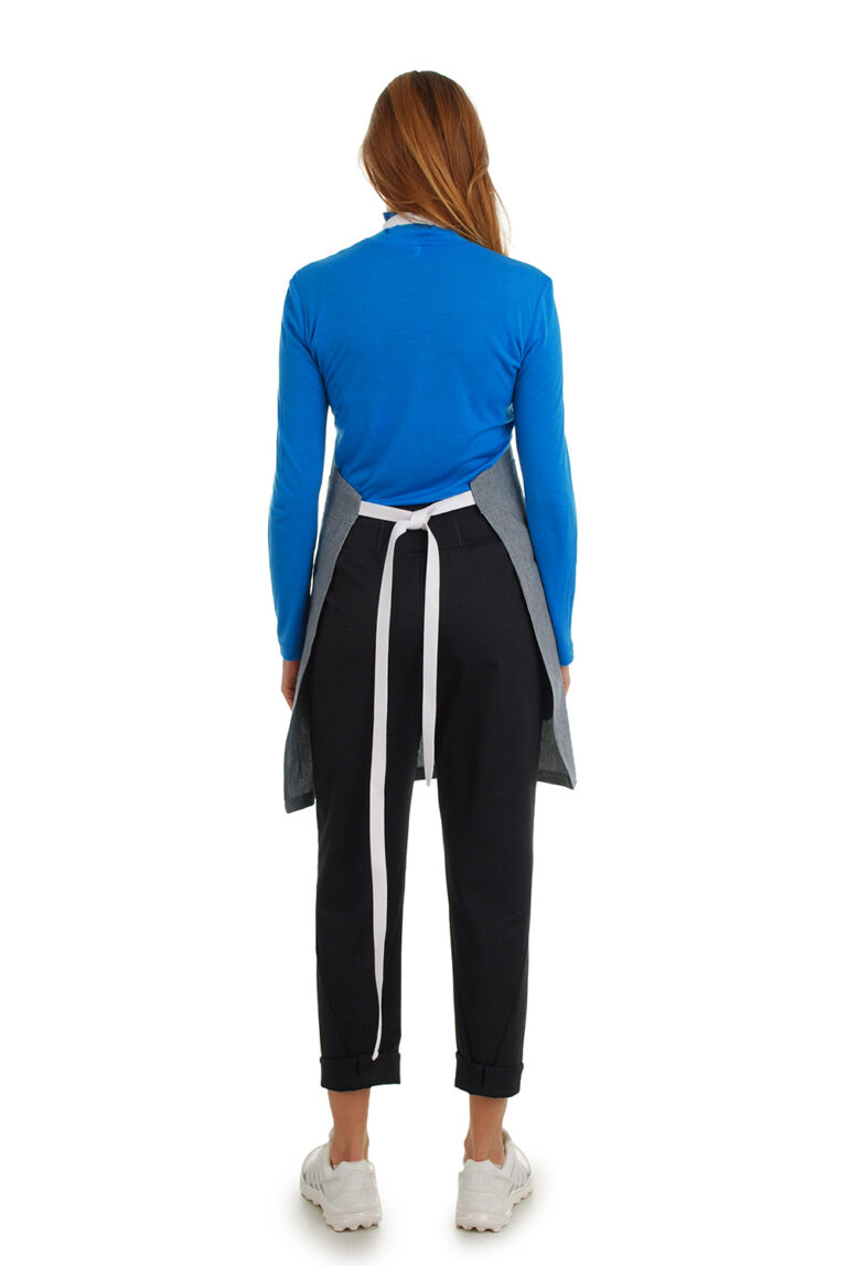 stilinga lininė prijuostė, Z5, su kišenėmis ir ilgu liemens dirželiu - nugara