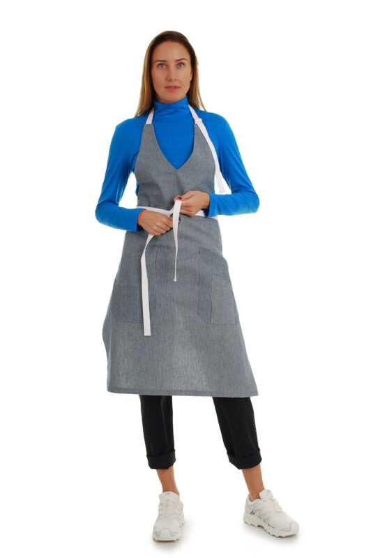 stilinga lininė prijuostė, Z6, su kišenėmis ir ilgu liemens dirželiu