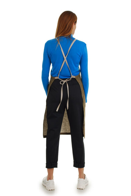 stilinga lininė prijuostė, Z7, su kišenėmis ir ilgu liemens dirželiu - nugara